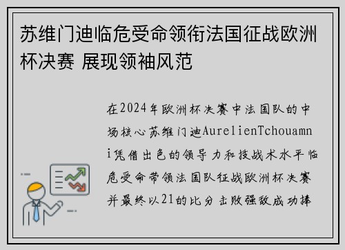 苏维门迪临危受命领衔法国征战欧洲杯决赛 展现领袖风范 苏维门迪临危受命领衔法国征战欧洲杯决赛 展现领袖风范